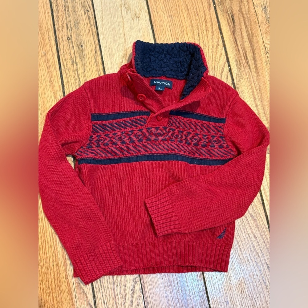 Nautica Boys Toddler Cozy Cabin Preppy Sweater in Red and Navy 3T